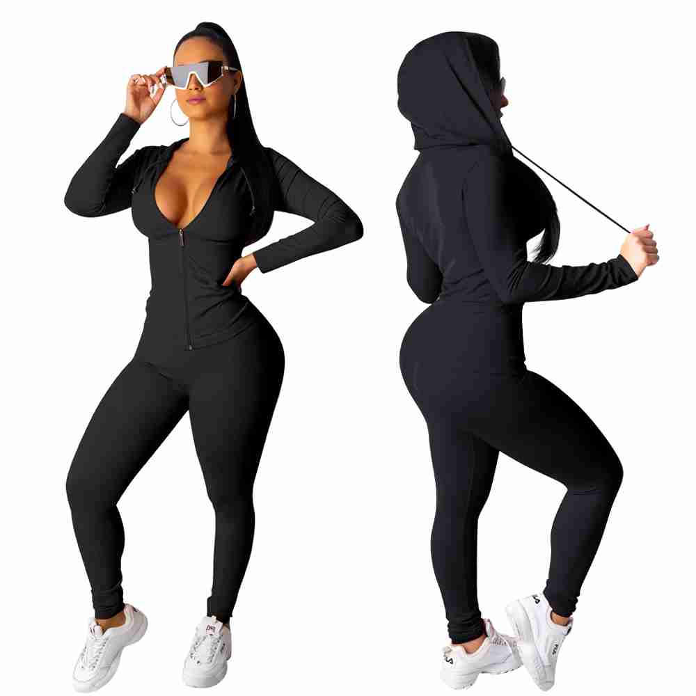 Two pieces outfits women bodycon solid hoodie