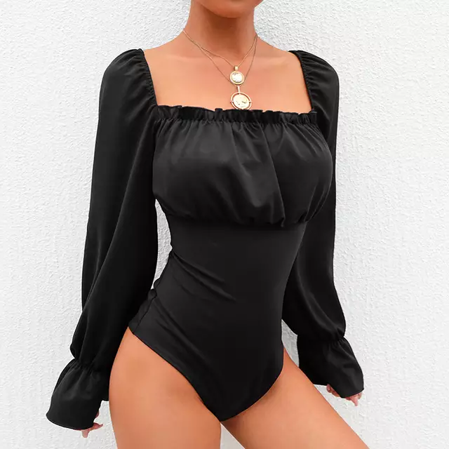 Women 2018 Long Flare Sleeve Open Crotch Bodysuit